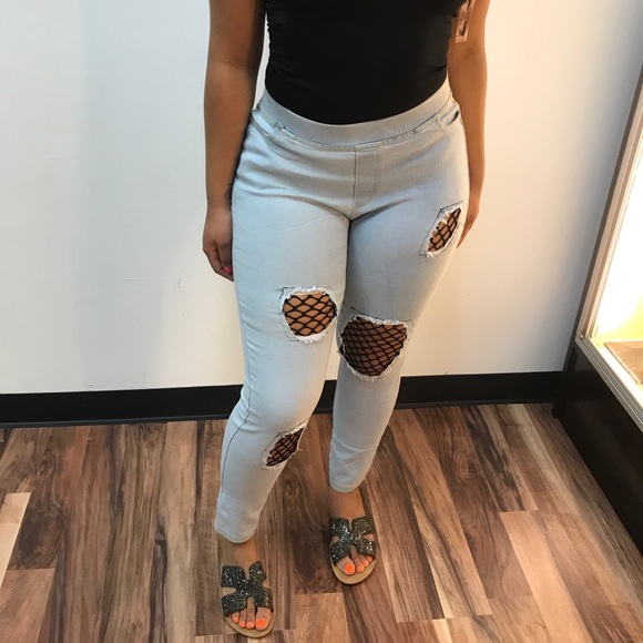 ‼️ Black Net Insert Waist Band Jean Jeggings - Picture 2 of 8